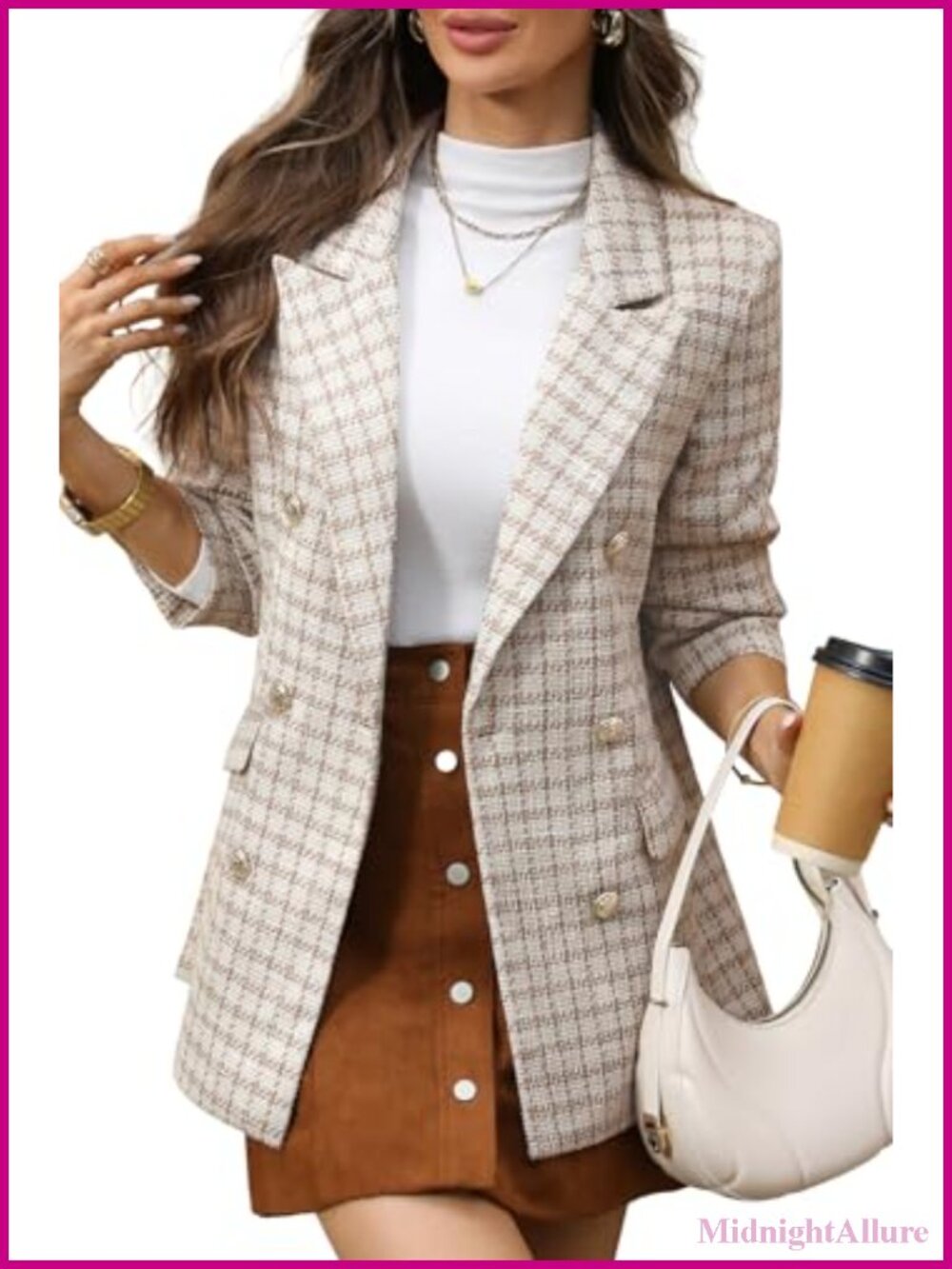 Oversized Plaid Tweed Blazer Boyfriend Style Notch Collar Button Front